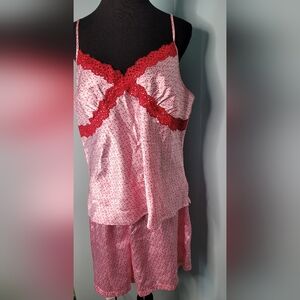 Jaclyn Smith PJS Silky Spaghetti Straps Hearts Red Lace Pink Womens XL 2 Piece